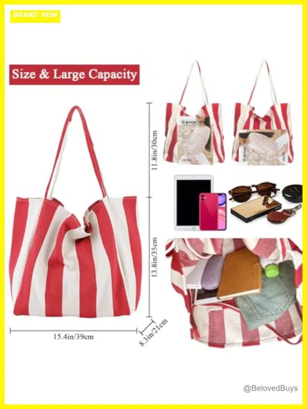Canvas Tote Bag Vertical Stripes Large Capacity Shoulder Bag Shopping Travel